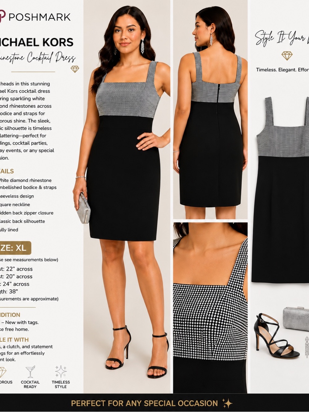 Michael Kors Black and White Rhinestone-Embellished Cocktail Dress